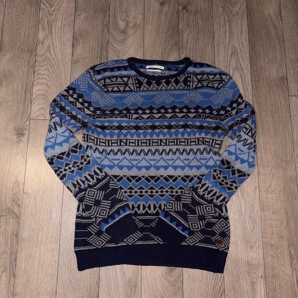 Vintage 90’s Globe Men's Geometric Blue and Black Crewneck Sweater